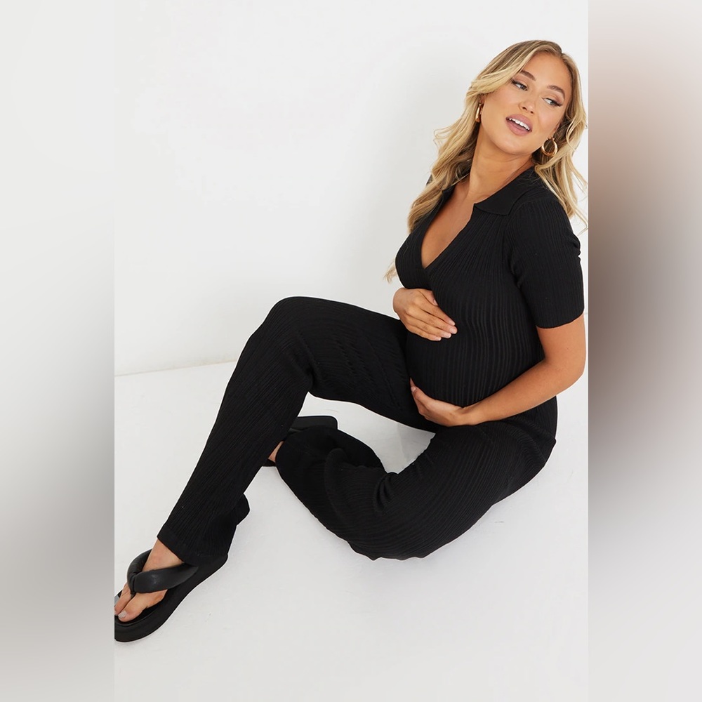 Maternity Black Knitted Rib Polo Short Sleeve Wide Leg Jumpsuit Size 4, SOLD OUT